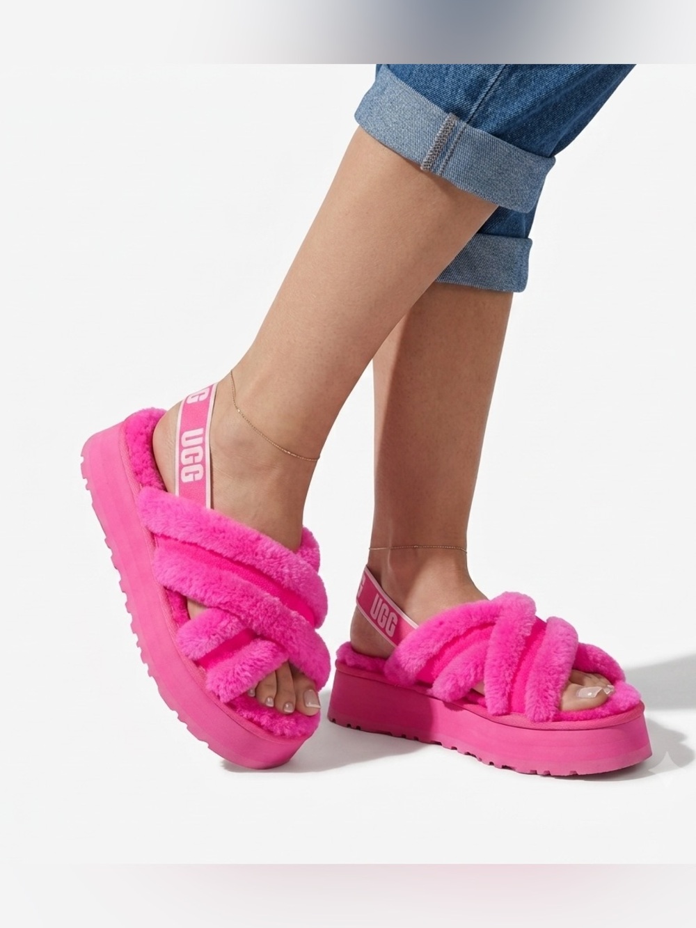UGG Disco Cross Slide Hot Pink Shearling Platform Sandals 1121550 Womens Size 9